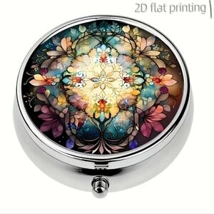 Floral Round Metal Portable 3 Compartment Pill Box. NEW!